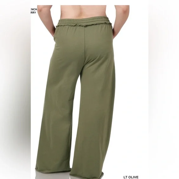 NWT! Plus Light Green French Terry Laser Cut Drawstring Pockets Wide-Leg Pants - Picture 3 of 3